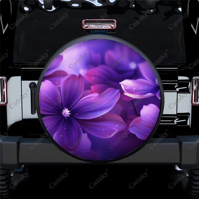 Purple And White Floral Pattern Polyester Universal Spare Wheel Tire Cover Wheel Covers for Trailer RV SUV Truck Camper