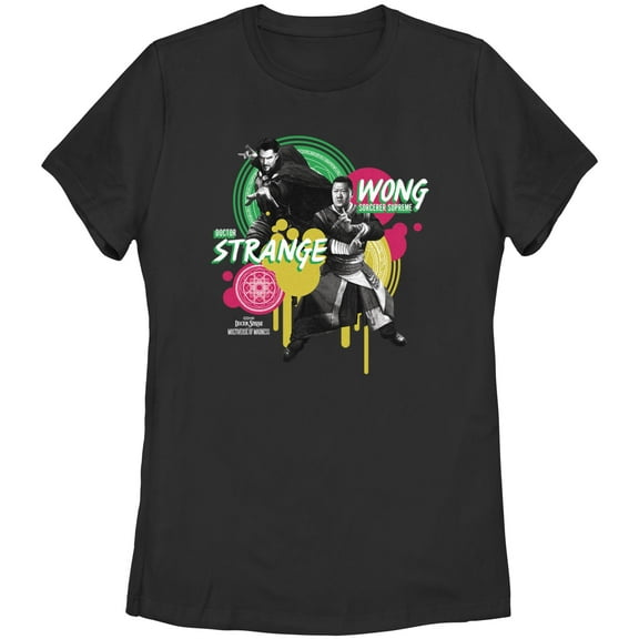 Women's Marvel Doctor Strange in the Multiverse of Madness Strange and Wong Paint Splatter Graphic Tee Black Large