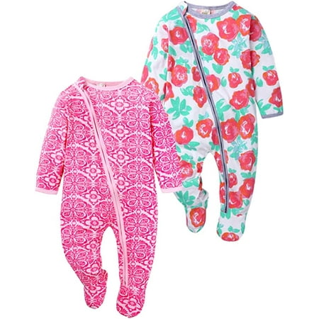 

QWZNDZGR Baby Girls Long Sleeve Footies Zipper Romper Flower Pajama Infant Bosyduit Jumpsuit