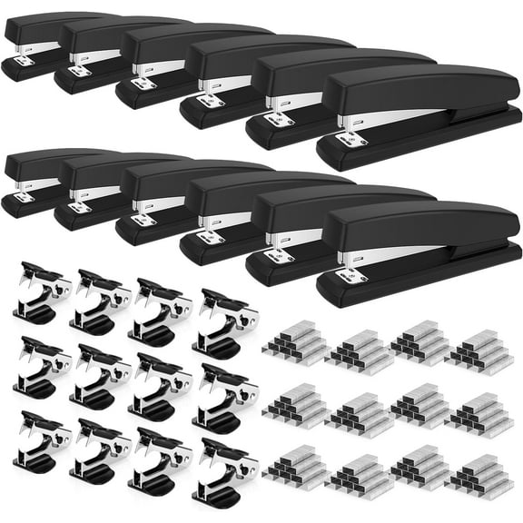 Stapler, 12 Pack Staplers with 12000 Staples and 12 Staple Removers, Staplers for Desk, 25 Sheet Capacity, Black