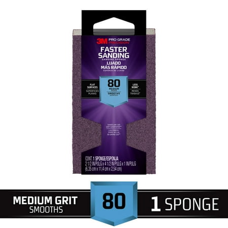 3M Pro Grade Precision Sanding Block, Faster Sanding, 2.5 in. x 4.5 in. x 1 in. , 80 Grit, Medium, 1 Sponge