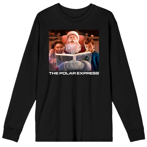 Polar Express Santa Reading Book with Kids Men's Black Long Sleeve Shirt-XL