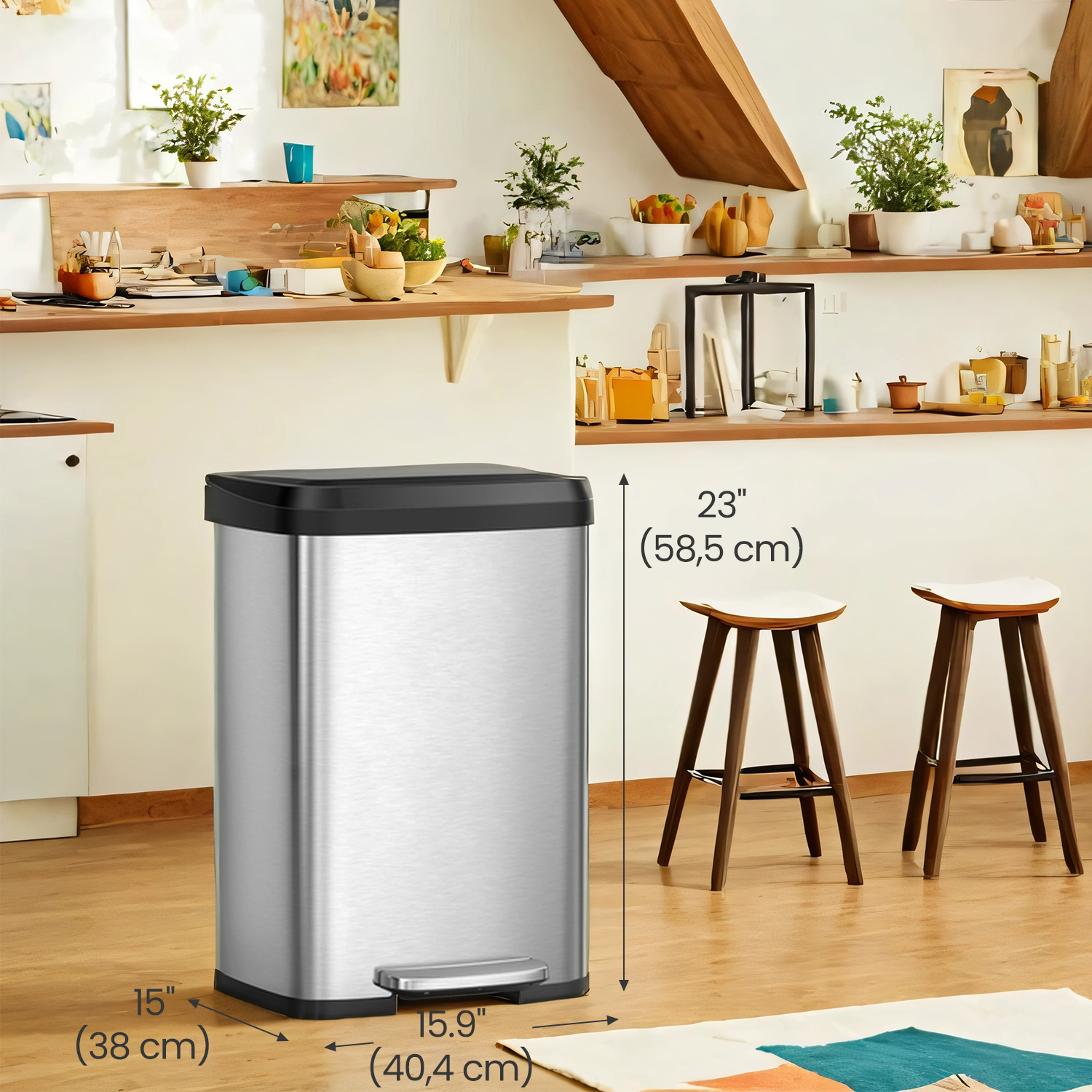 LEDREM 13 Gallon Stainless Steel Kitchen Trash Can , Stay-Open Lid with Step Pedal & Odor Filter , Large Capacity Bin ,Silver and Black