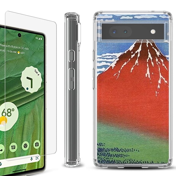 Shockproof Bumper Phone Case for Google Pixel 6a, with Tempered Glass Screen Protector, by OneToughShield ® - Fuji Morning