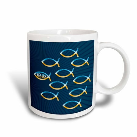 Rays Mug - 3dRose Follow Jesus ? chrome color shoal of fish on blue background with rays, Ceramic Mug, 11-ounce