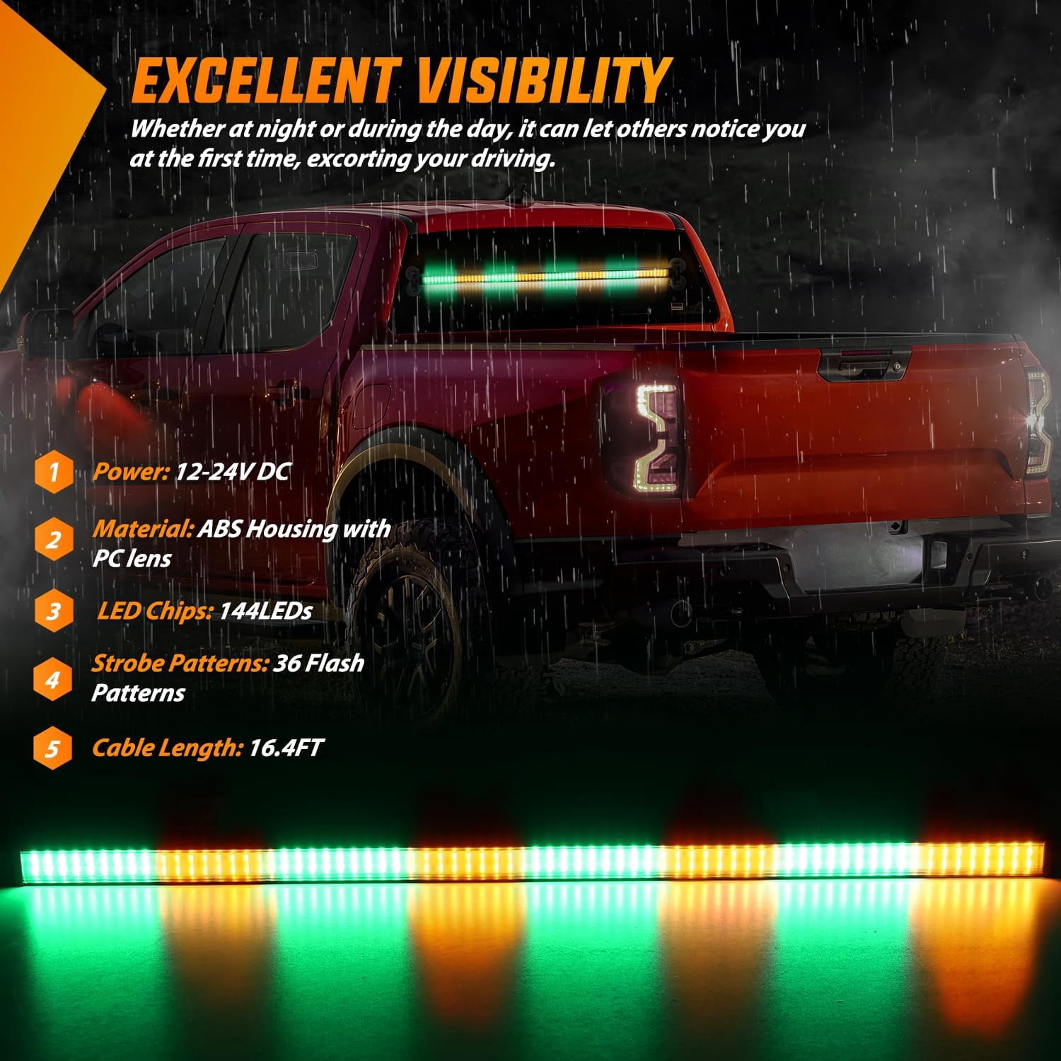 Nilight 144LED Vehicle Safety Light Bar with Controller, Amber Green Warning Lights for Off-Road & Work Vehicles