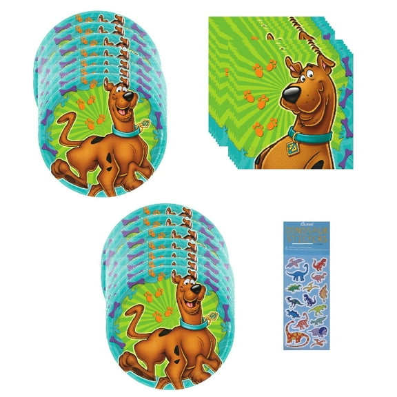 Scooby Doo Birthday Party Supplies Bundle includes 16 Dessert Cake Paper Plates 7", 16 Beverage Cake Paper Napkins, 1 Dinosaur Sticker Sheet