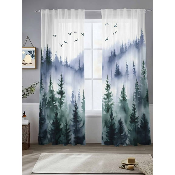 Forest Green Blue Sheer Curtains for Living Room Bedroom Spring Watercolor Ombre Tree Sheer Curtains 108 Inch Long 2 Panels Set Light Filtering Curtain Window Treatments Drapes for Dining Room