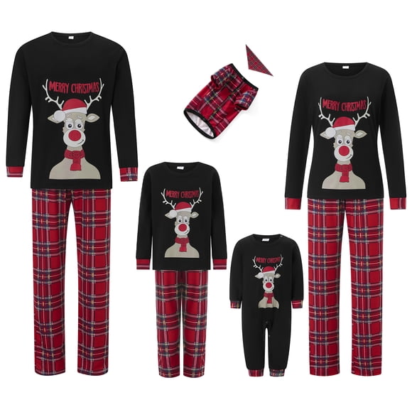 Pijamas navideños familiares a juego, pelele para bebé/ropa para perro/camisetas con estampado de ciervo y pantalones a cuadros.