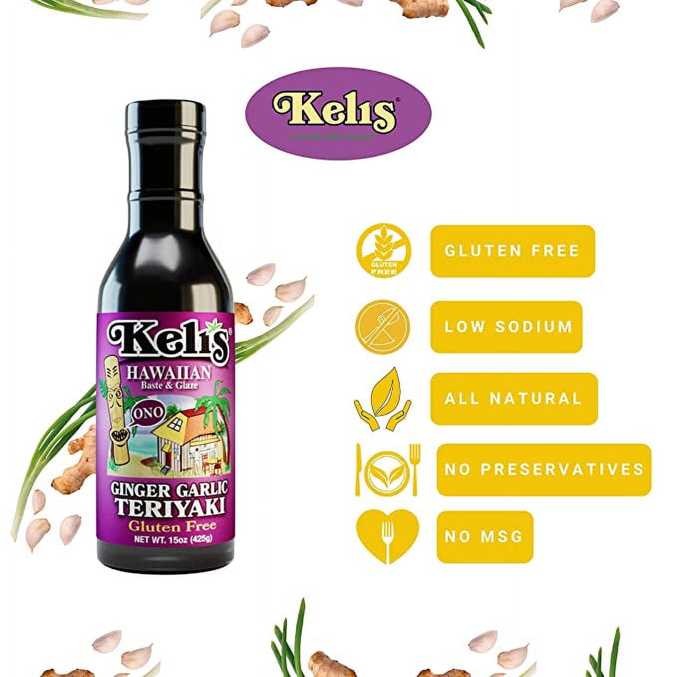 Keli's Sauces Low Sodium Ginger-Garlic Vegan & Gluten Free Kid Friendly Teriyaki Sauce, Flavorful Hawaiian Teriyaki Glaze and BBQ Sauce- Made with Gluten Free Soy Sauce -15 oz (Pack of 2)