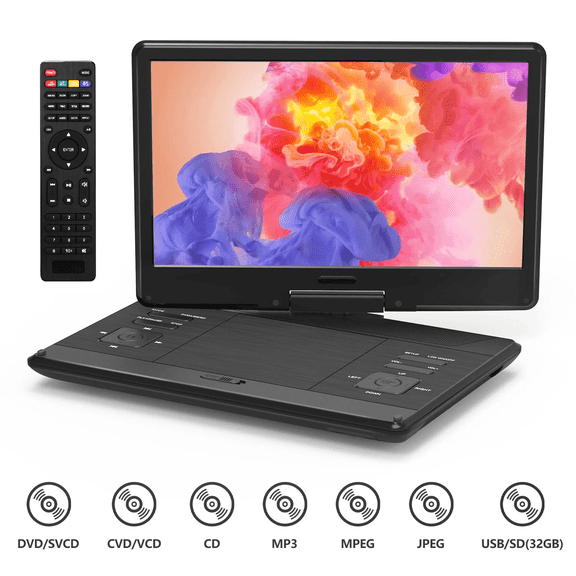 16.9'' Rechargeable Portable DVD Player for Car with 14“ Swivel Screen and Remote Control, Support USB TF Card 1080P-Black