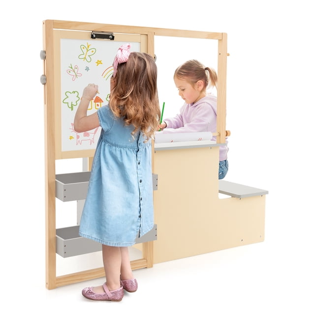 Patiojoy Ensemble Chevalet d'Art pour Enfants & Table & Banc Centre d'Art Multifonction Bureau avec Grand Rangement Chevalet Réglable Double Face Rouleau de Papier Remplaçable Gris