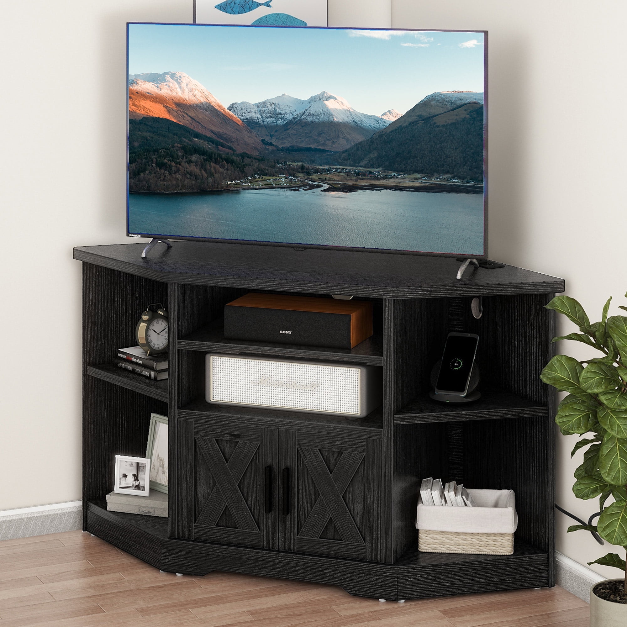 Uforic Farmhouse Corner TV Stand for TVs up to 55 inch with Power Outlet, Wood Entertainment Center with Storage, Black
