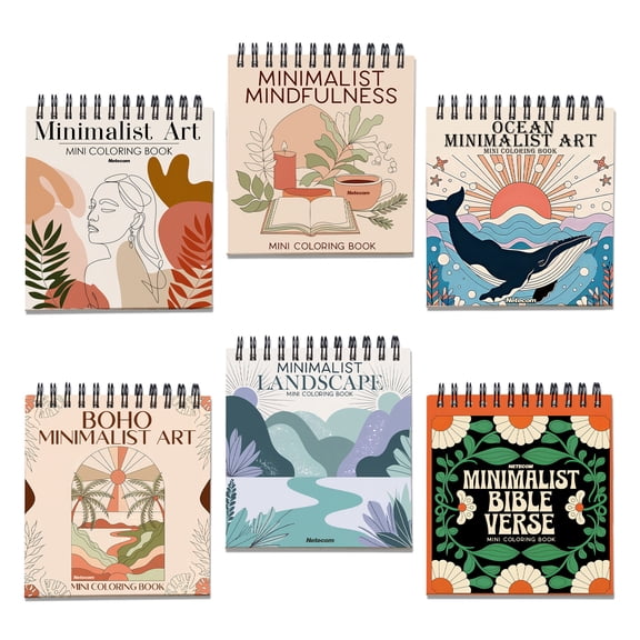 Minimalist Mini Coloring Book Spiral Bound for Adult, Pack 6, 3.5” x 3.5” Pocket Size, 40 Coloring Pages Stress & Anxiety Relief, Travel for Women Men