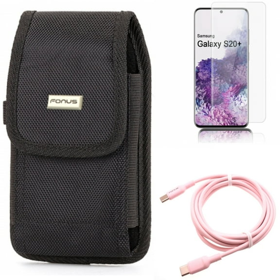 Case Belt Clip w Pink 10ft Long Cable w Screen Protector for Samsung Galaxy S20 Plus - Swivel Holster Rugged, USB-C to Type-C PD Fast Charger Cord, Tempered Glass [Fingerprint fits Galaxy S20 Plus