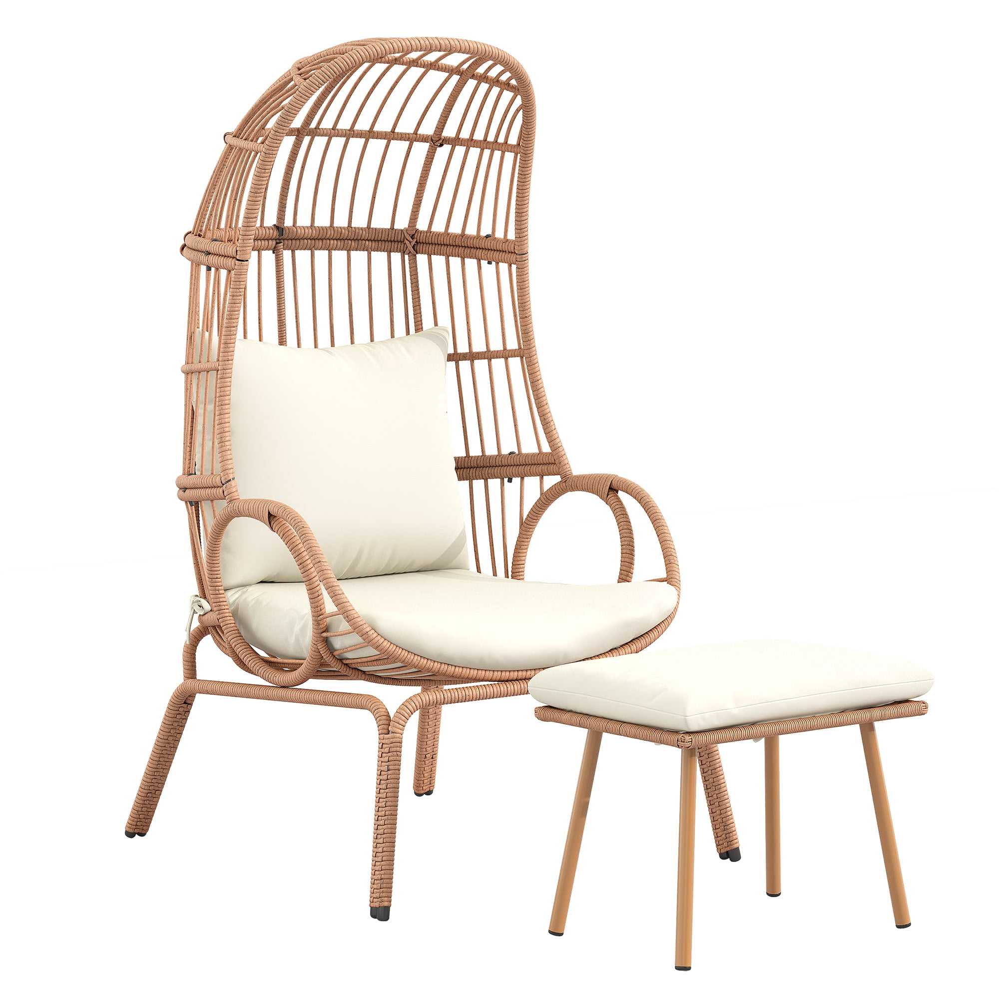 Uforic Beige Wicker Egg Chair with Cushions & Ottoman for Patio Lounging
