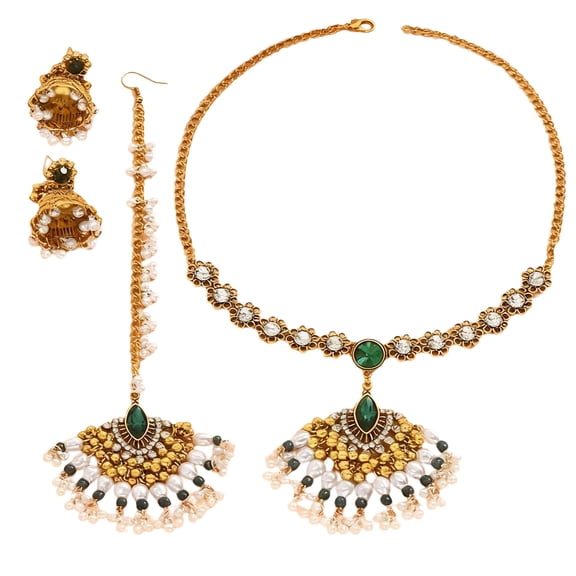 4 Pcs Green Indian Jewelry Set, Fan-Shaped Tassel Boho Jewelry Set, Crystal Flower Choker Necklace, Middle Eastern Style Head Chain Earring Necklace for Women
