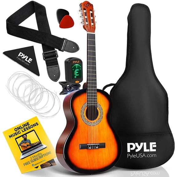 Pyle Beginner 36” Classical Acoustic Guitar – 3/4 Junior Size 6-String Linden Wood Guitar Kit with Gig Bag & Accessories, Sun Burst
