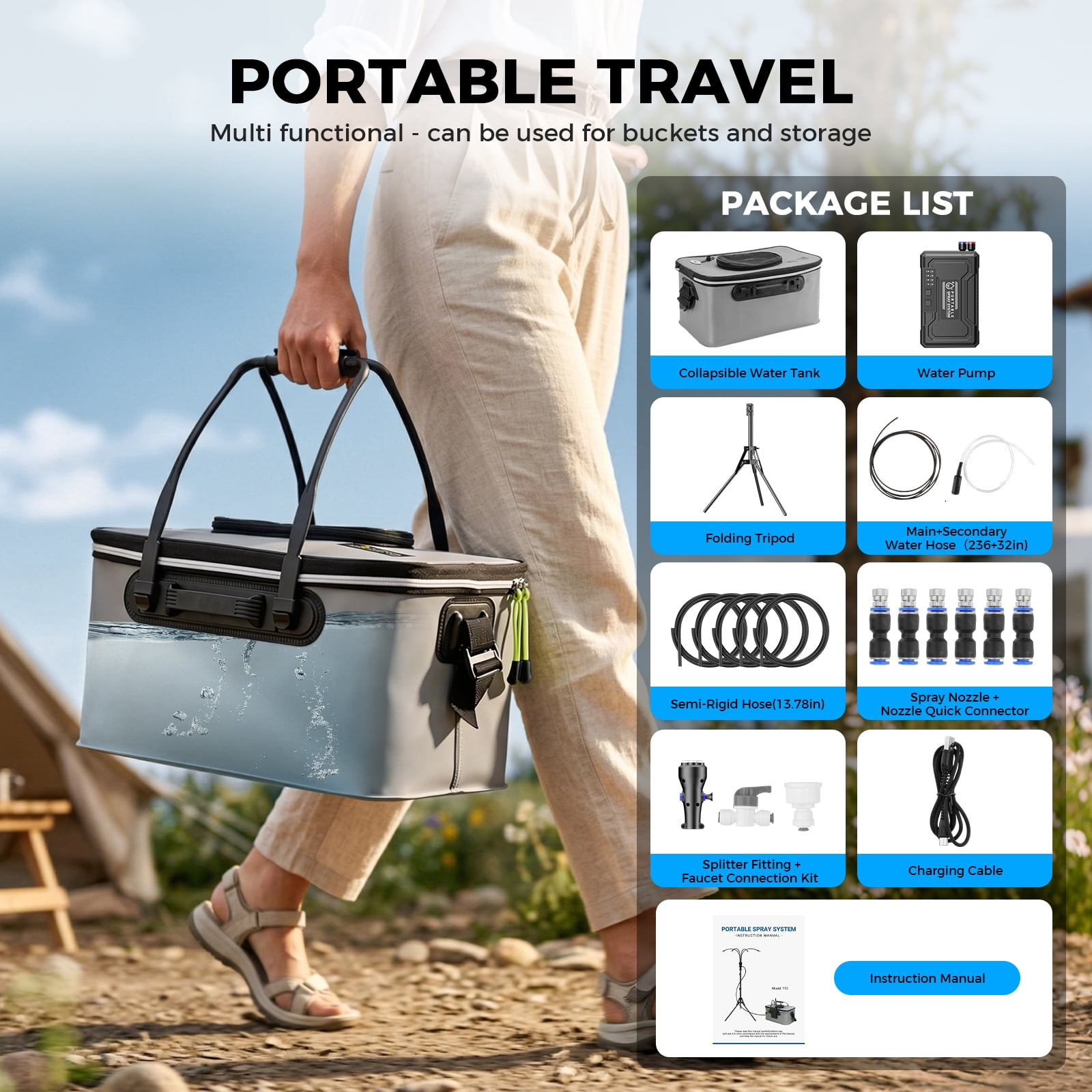 Standing Misters for Outside Patio, 4Gal Portable Bucket with 10000mAh Water Cooling Misters Set – 4FT Adjustable Height for Outdoor, Beach, Pool, Water Playing, Sprinkler, Camping