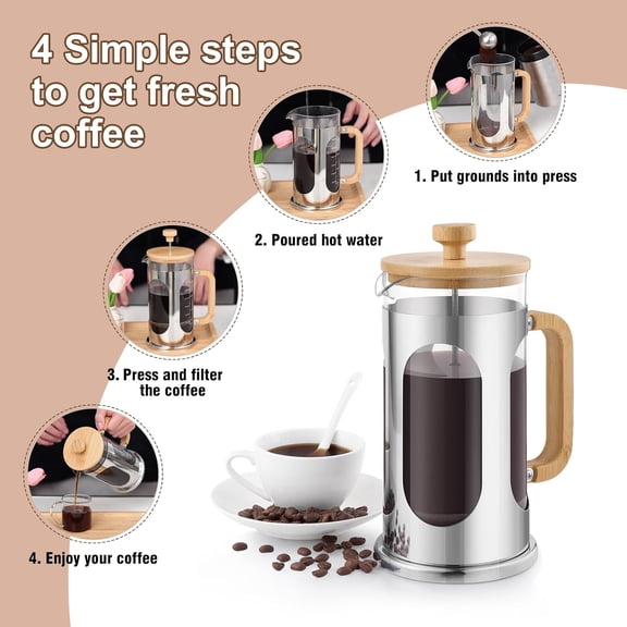 No-Plastic French Press Coffee Maker 34 oz, Borosilicate Glass Bamboo Lid and Handle Coffee Tea Press 8 cup, 1000ml Coffee Milk Forther with Stainless Steel Holder and Resuable Filters