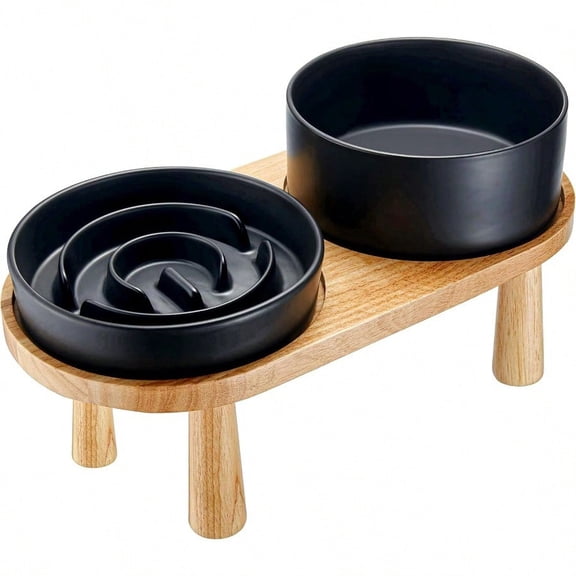 Ceramic Slow Feeder and Water Bowl Set for Small Dogs 6.0inch Ceramic Dog Bowls Elevated with Wooden Stand 0.6 Cups Dog Slow Feeder 14oz and 30oz Water Bowl Set Black