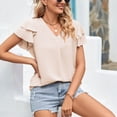 thumbnail image 3 of Apricot XL Summer V-Neck Ruffle Sleeve Blouse - Pure Color Loose Fit Short Sleeve Top for Women, 3 of 6