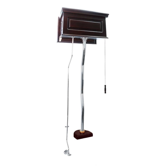 High Tank Pull Chain Toilet Dark Oak Stained 23" W Raised Panel Hardwood Tank Conversion Kit Chrome Plated Stainless Steel Z-Pipe 59" to 74" Adjustable Height Renovators Supply