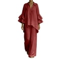 thumbnail image 2 of Usloyux Women's Plus Size 2 Piece Outfits V Neck Ruffle Sleeve Top and Wide Leg Pants Matching Lounge Set Casual Boho Vacation Tracksuit, Red 2XL, 2 of 5