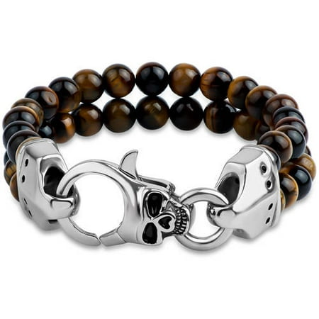 Tiger's Eye Double-Row Beads Skull Clasp 316L Stainless Steel Bracelet, 9