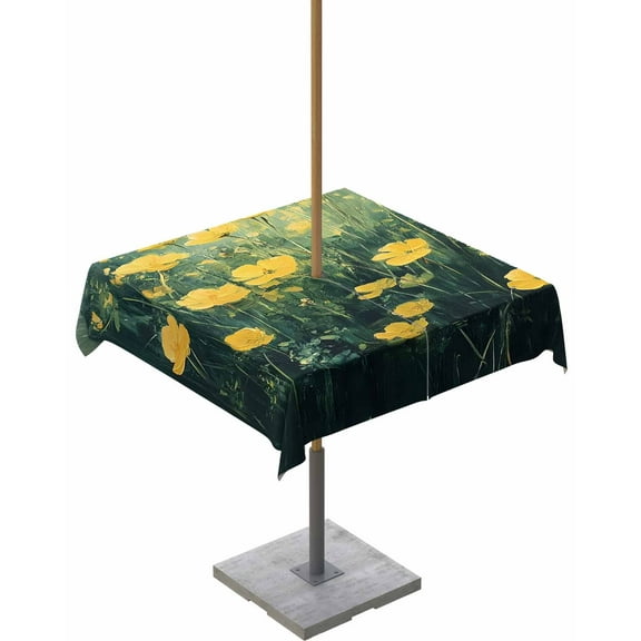 nqOlkjepod Spring Floral Outdoor Tablecloth with Umbrella Hole & Zipper, Yellow Green Botanical Modern Oil Painting Square Table Cover 54x54 Inch, Dining Waterproof Table Cloth Protector for Patio