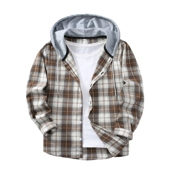 Ceisia Men's Casual Plaid Patchwork Hooded Button-Up Long Sleeve Shirt Gift
