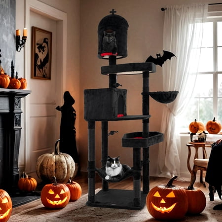 Demi Bonn 80" Gothic Cat Tree with Coffin Bed, Cat Tower with Scratching Post and Cat Condo, Cat Tree House with Hammock, for Small Medium Cats, Black