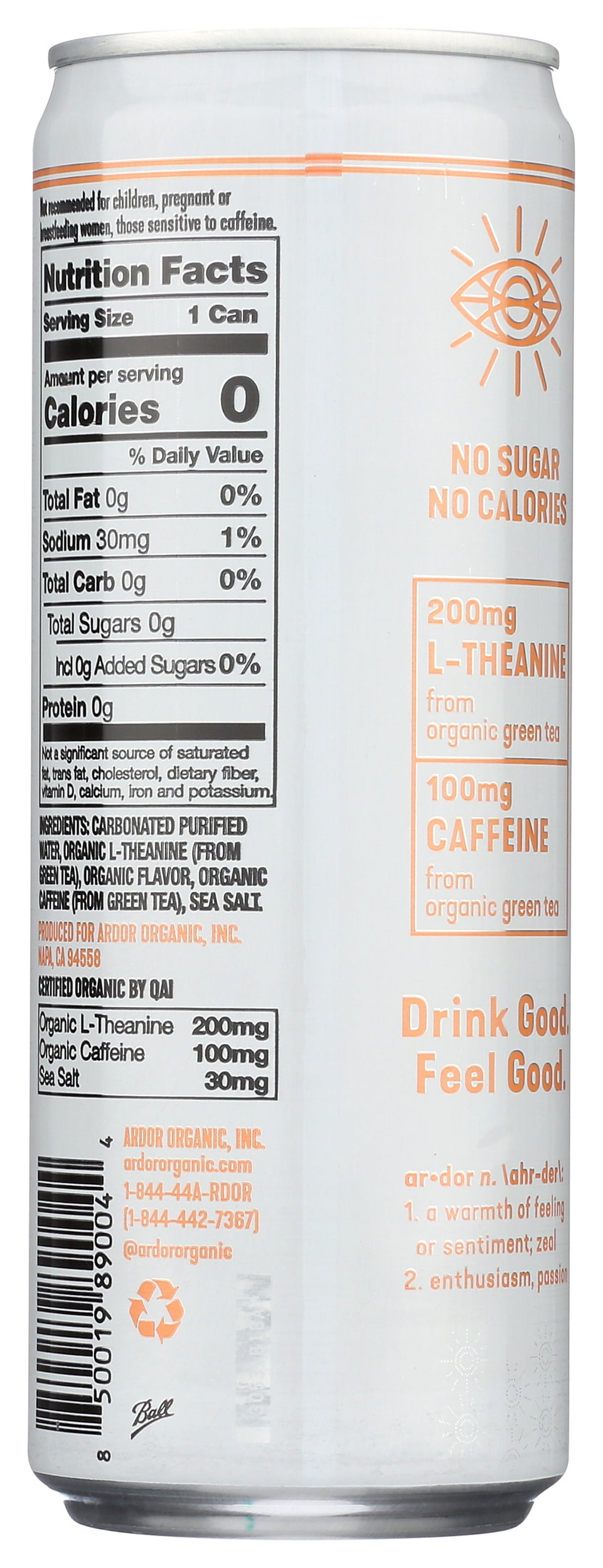 Pack of 12, Ardor Organic Inc White Peach Sparkling Water, 12 fl oz