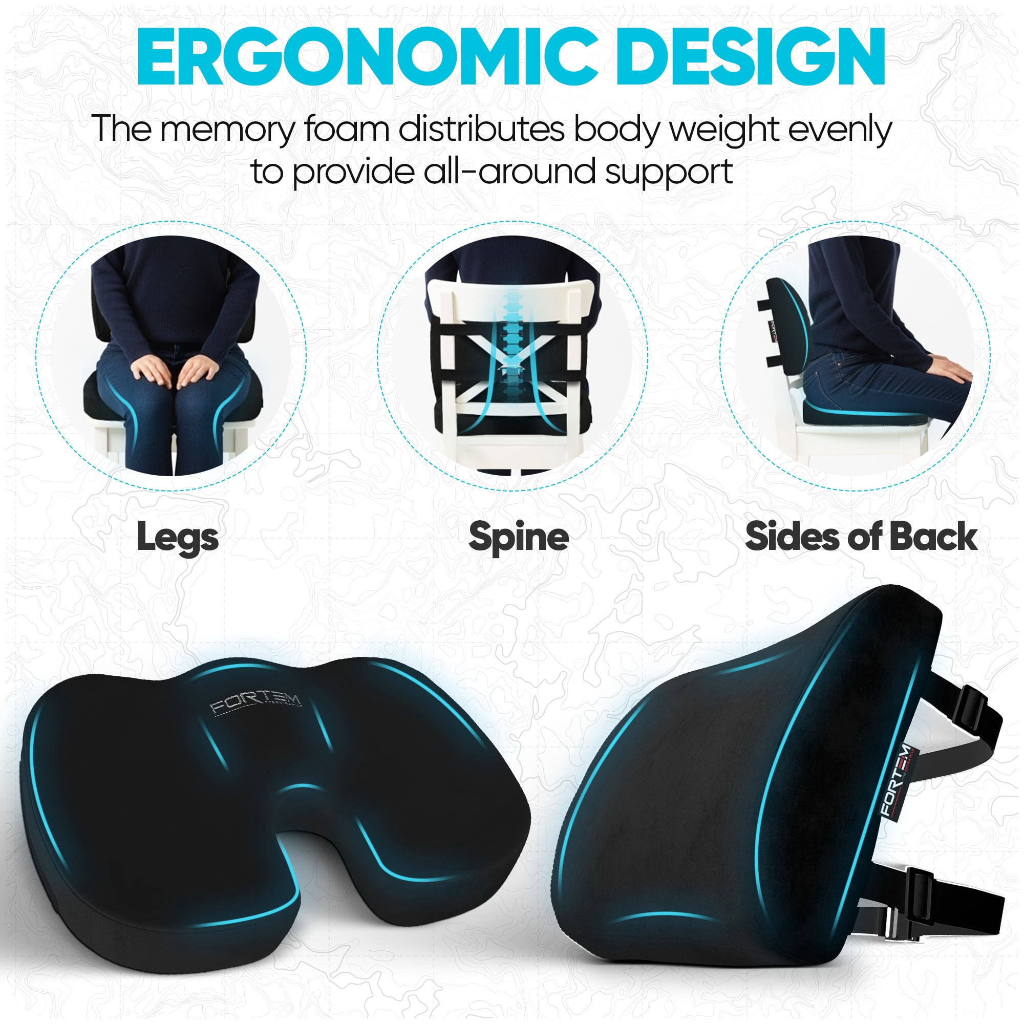 FORTEM Seat Cushion, Office Chair Cushion, Lumbar Support Pillow for Office Chair, Memory Foam Car Seat Cushions, Sciatica Coccyx Tailbone Pain Relief, Cushions for Back Support, Washable, Non Slip