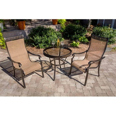 Hanover Outdoor Monaco 3-Piece Glass-Top Bistro Set with Sling Stationary Chairs Cedar