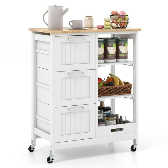 Gymax Kitchen Island Cart on Wheels Rolling Utility Cart w/ Rubber Wood Top & 3 Storage Drawers White