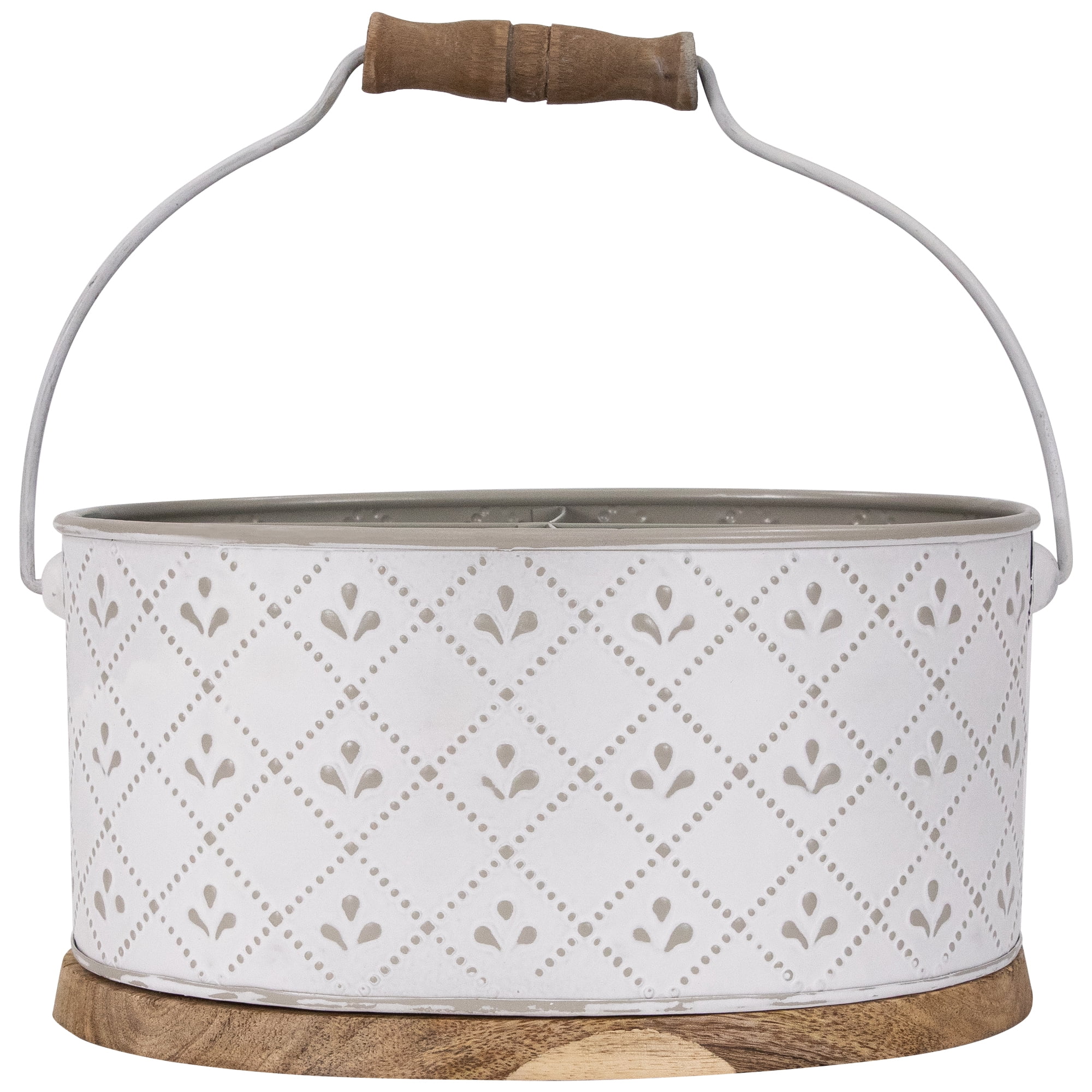 Northlight 10" White Oval Embossed Utensil Caddy with Handle and Wood Base