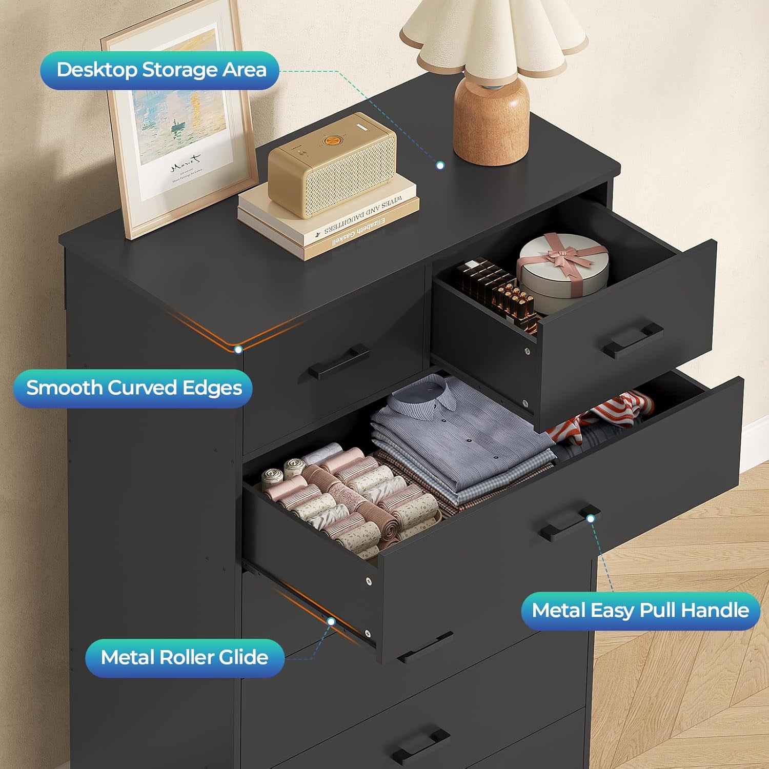 Tall Dresser for Bedroom with 7 Drawers, Modern Black Dresser/Chest of Drawers with Metal Handle, Vertical Bedroom Dresser or Storage Cabinets for Living Room Hallway
