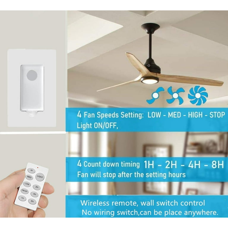 Universal Ceiling Fan and Light Remote Control Kit ,add A Ceiling Fan No In-Wall Wiring Required Wall Switch Ceiling Fan Speed Timming & Light On/Off