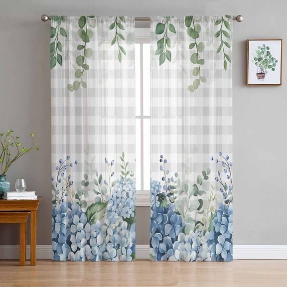 Blue Flower Sheer Curtains 63 Inches Length 2 Panels Set, Window Sheer Curtains for Living Room/Bedroom, Grey Plaid Hydrangeas Eucalyptus Leaves Light Filtering Rod Pocket Curtain 52'' x 63'' x 2