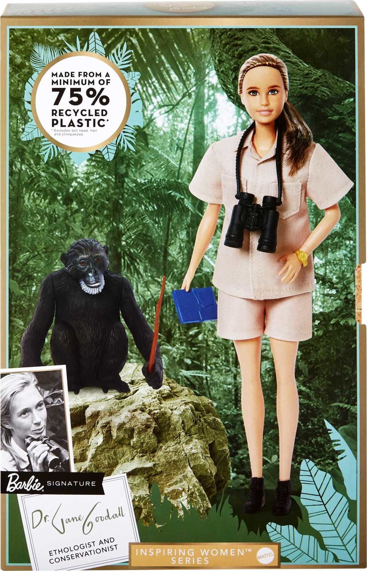 Barbie Inspiring Women Jane Goodall Collectible Doll with Khaki Outfit, Chimpanzee and Accessories