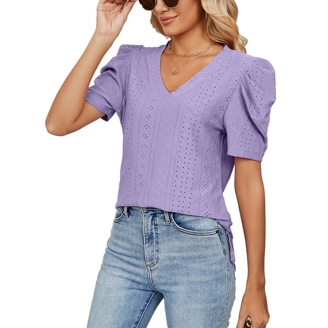 Top con cuello en V para mujer, camisa de manga abombada, Top de manga corta, camisa delgada holgada con agujeros