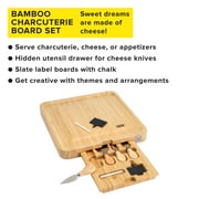 Tasty Natural Bamboo Cheese Board and Charcuterie Tray with Hidden Drawer, Utensils, Markers, and Chalk, 13 x 13