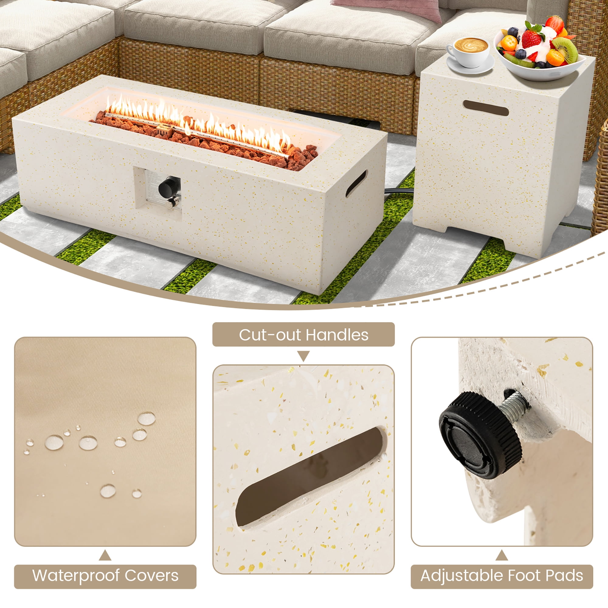 Gymax Patio Terrazzo Fire Pit Table 50,000 BTU w/ Hideaway Propane Tank Table & Cover