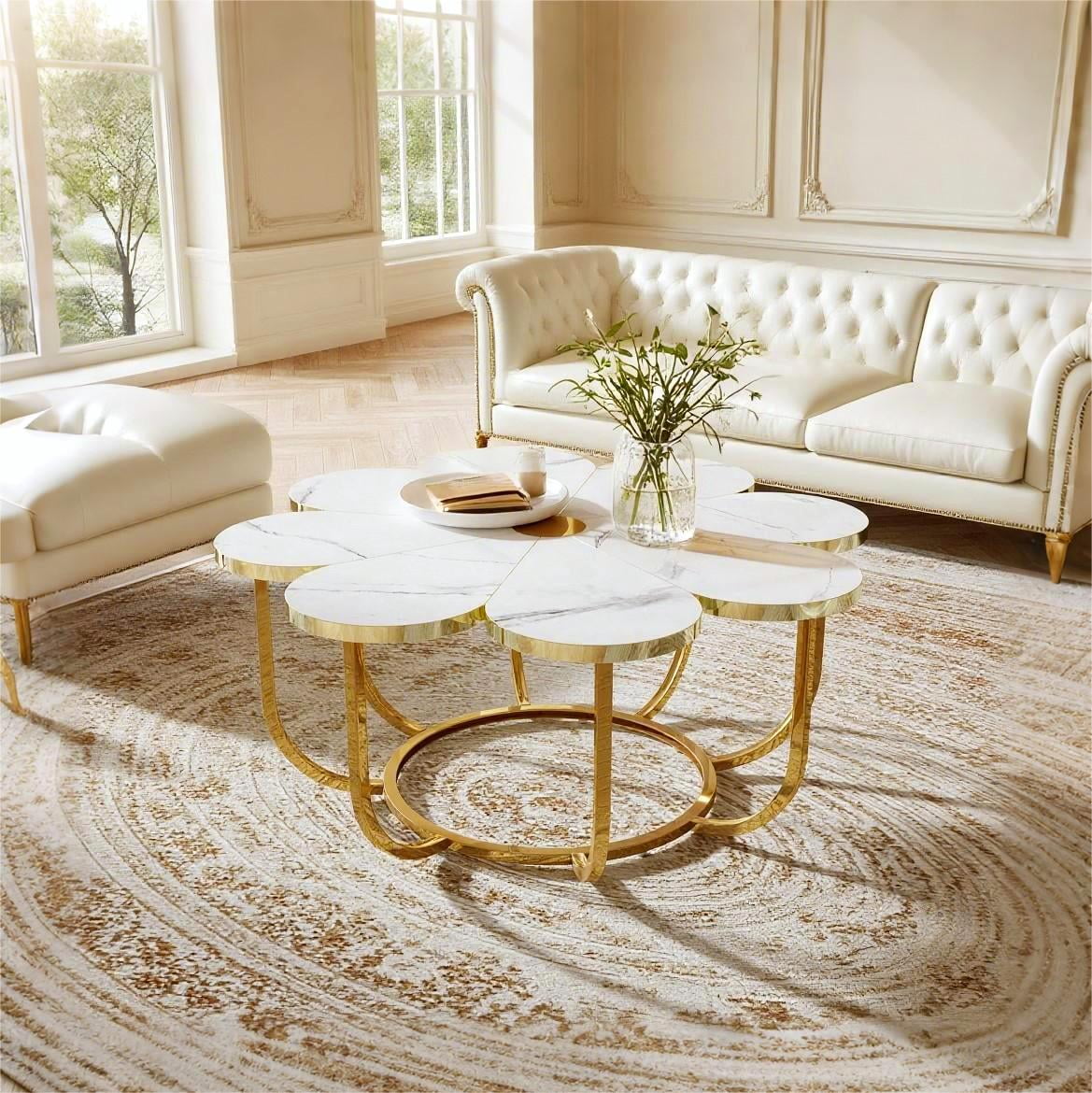 Fnova 39.37" Flower-Shaped Coffee Table, Modern Floral Accent Center Table with Faux Marble Tabletop & Metal Frame for Living Room, Bedroom & Lounge