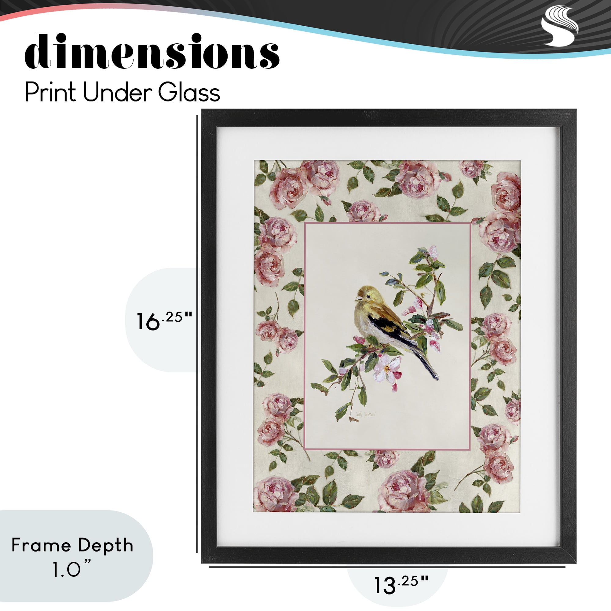 Stupell Industries Perched Bird with Dainty Roses Black Framed Print Under Glass, design by Sally Swatland