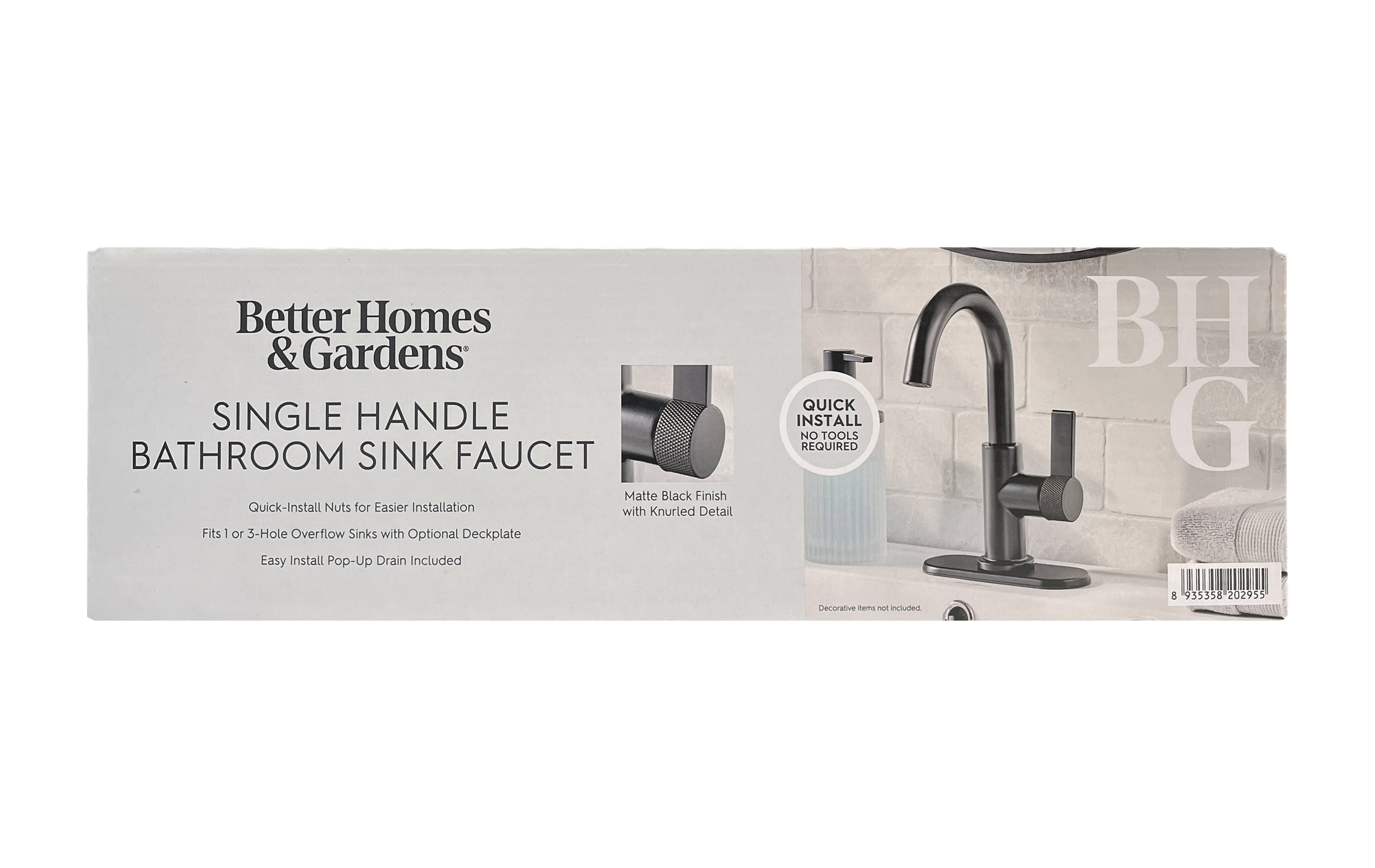Better Homes & Gardens Matte Black Single Handle High-Arc Bathroom Faucet with Knurled Handle