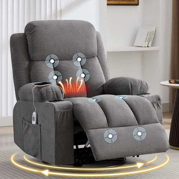 Swivel Rocker Recliner Chair for Adults, Nursery Glider Rocking Chair with Massage and Heating, Manual Recliner with USB Port, Cup Holders and Side Pocket, Gray