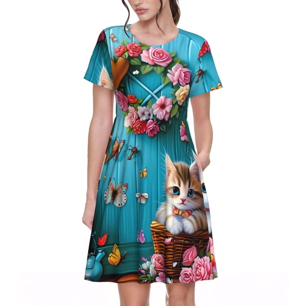 Balery Whimsical Cats and Flowers Scene Vestidos sueltos de manga corta para mujer, vestidos de verano 2025, vestidos casuales de corte A con vuelo.