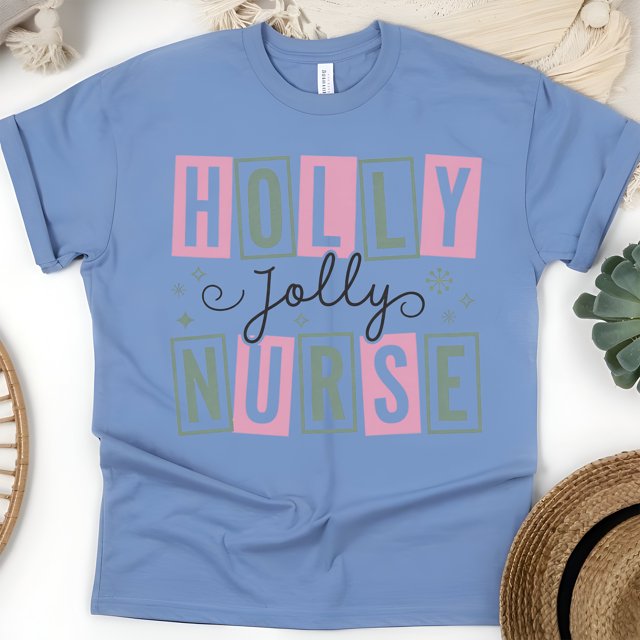 Holly Jolly Nurse Graphic T-Shirt with Fun Letter Design, CarolinaBlue, Size XL